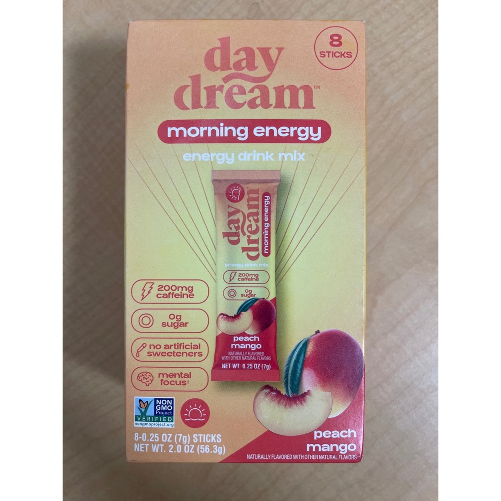 Day Dream Morning Energy Drink Mix Peach Mango 8 Sticks 200mg Caffeine Vegan